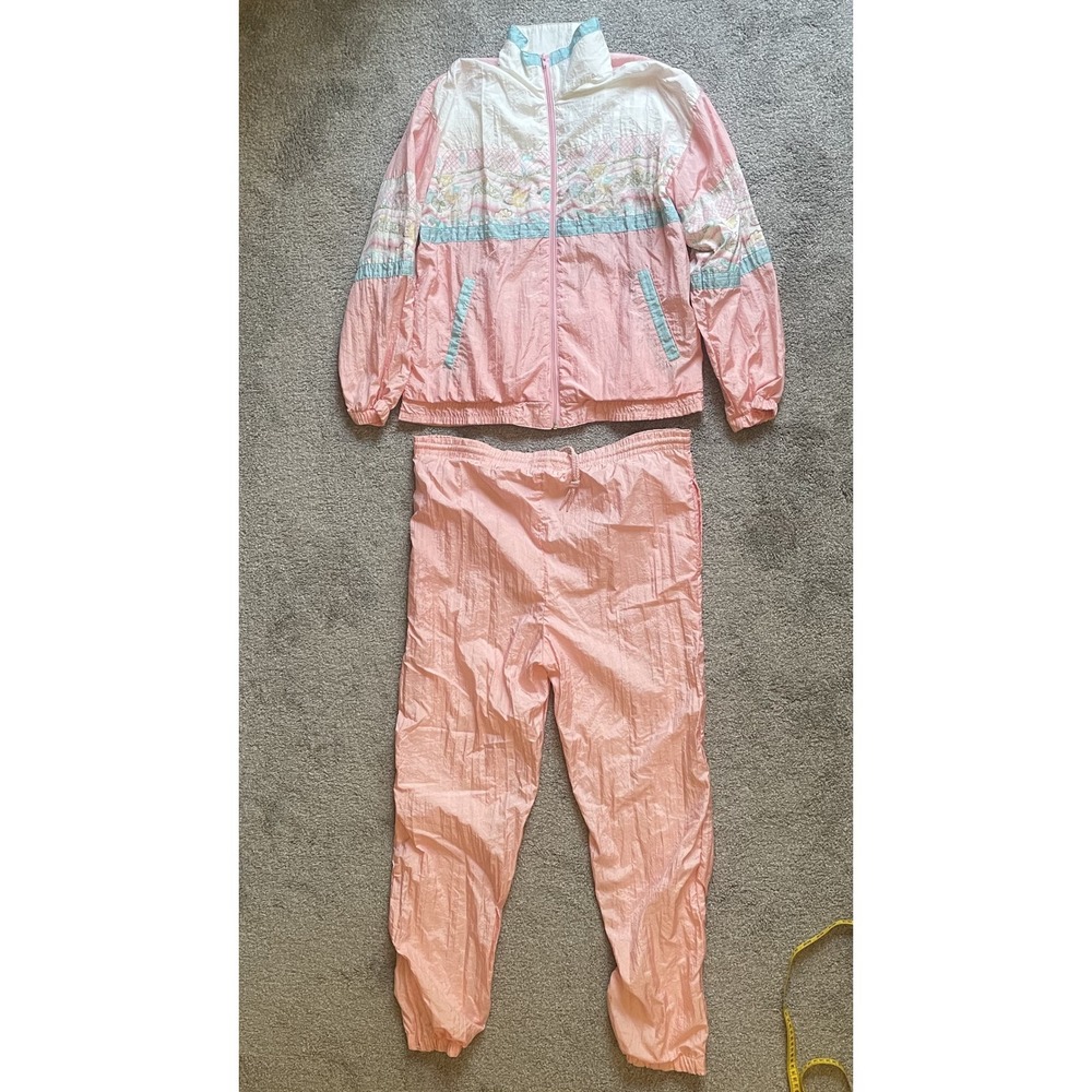 Vintage Pastel Pink Windbreaker Track Suit 2 Piece Set Retro 80s Women L